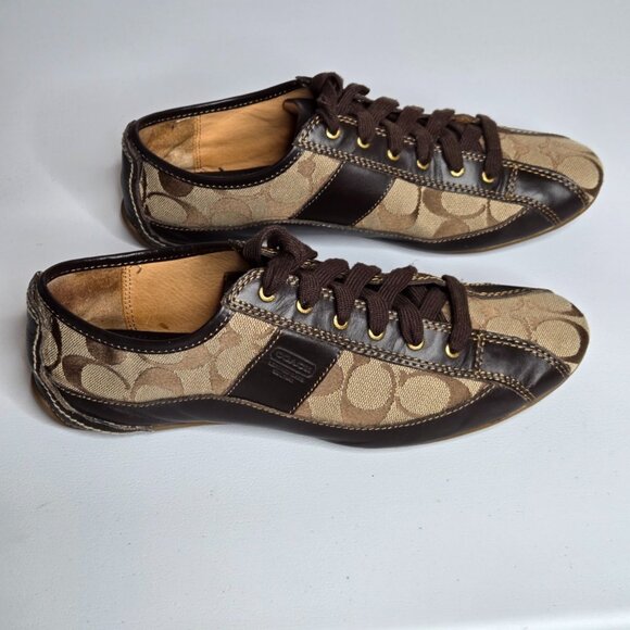 Coach Suee Khaki Chestnut Canvas Brown Leather Trim Sneaker Shoe Sz 8B A1258 - Picture 3 of 9